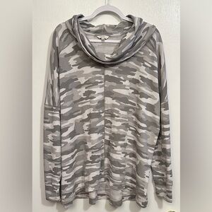 Lucky Brand Gray and White Camo Print Cowl Neck Waffle Weave Shirt, Size 3X